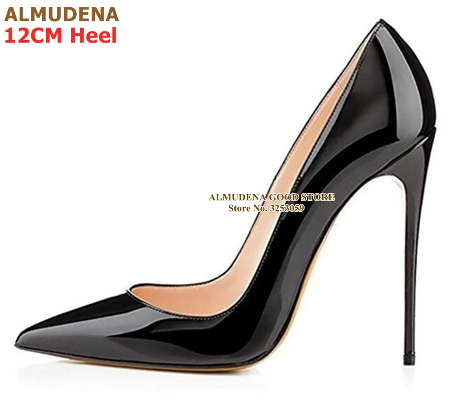 12cm heel black ALMUDENA/фиолетовые туфли-лодочки из лакированной кожи с острым носком свадебные туфли без застежки с закрытым носком 12 см вечерние туфли на высоком каблуке 10 см, 8 см туфли-лодочки, размер 45 - Цвет: 12cm heel black