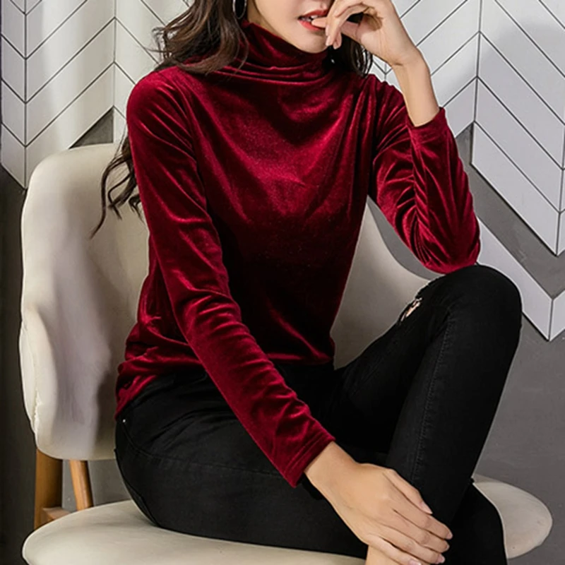 

TingYiLi Autumn Winter Women Turtleneck Velvet Shirt Korean Office Long Sleeve Warm T-shirt Coffee Burgundy Black White Top Tee