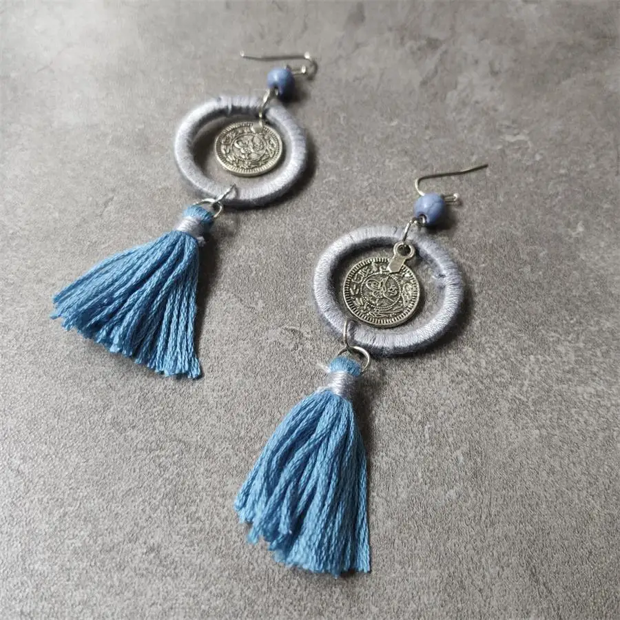 Новинка зимние богемные серебряные серьги металлическая монета очаровательные