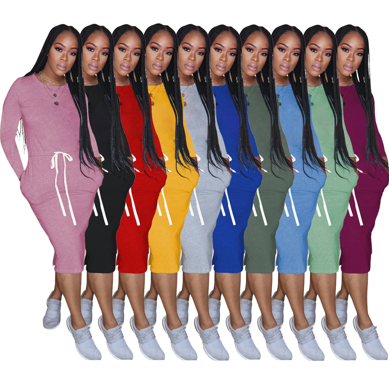 

Womens Dress 10 Colors S-XXL Solid Long Sleeve Round Neck Side Split Bodycon Dresses Vintage High Waist Drawstring Dress