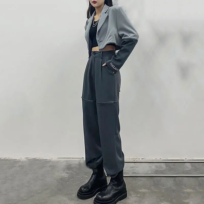 

XITAO Two Piece Set Women Fashion New Full Sleeve Patchwork Top Elastic Waist Pocket Full Length Pants 2020 Winter ZXR1494