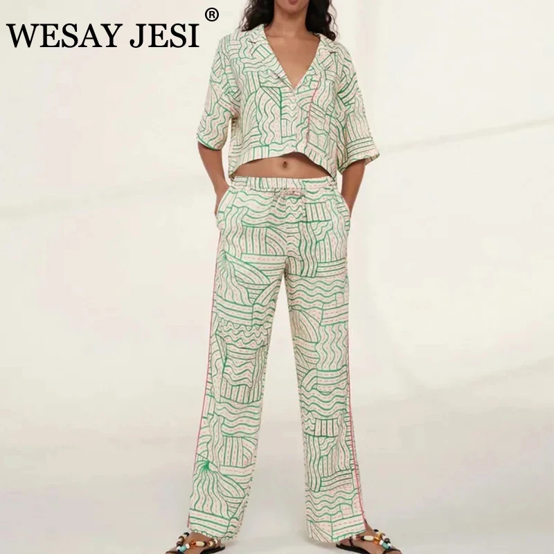 

WESAY JESI Women's Clothing 2021 TRAF Pant Suits Casual Chic Printed Button-Up Blouse Vintage Trouser Suits Elastic Waist Pants