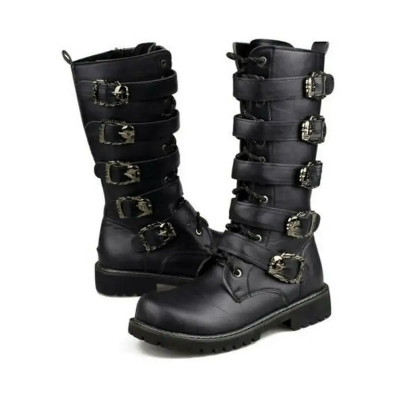 

Mens Rock Punk Leather Boots Goth Ankle Mid-Calf Lace-up Biker Buckle Shoes