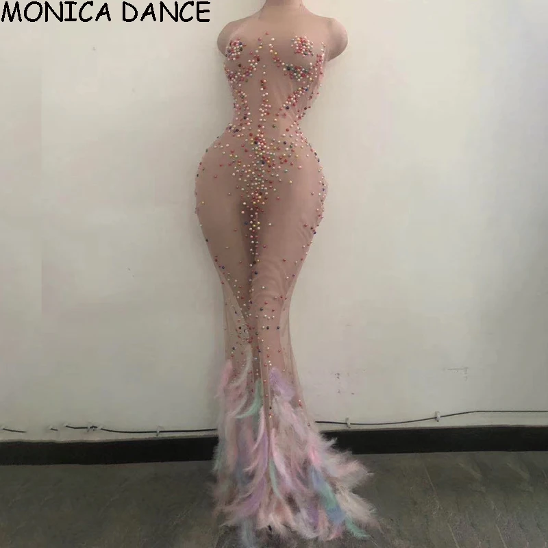 

Women Sexy Stage Multicolor Beading See Through Mesh Mermaid Long Dress Women Bodycon Perspective Evening Party Feathers Dress