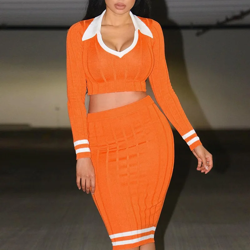 Сексуальное трикотажное Женский комплект 2 шт. с длинными рукавами укороченный