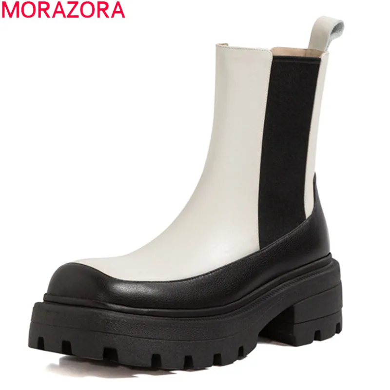 

MORAZORA 2021 Genuine Leather Boots Thick Heels Square Toe Platform Women Brand Boots Autumn Winter Ankle Boots Black Rice White