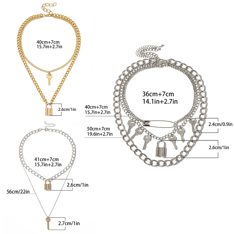 

Hot Big Lock Key Angel Pendant Necklace Punk Hip Hop Three Style Choker Necklace Jewelry for Men and Women Gift