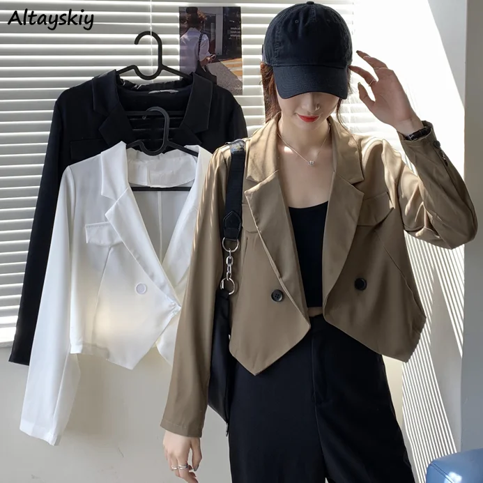 

Blazers Women Solid Slim Double Breasted Notched Korean Fashion Hong Kong Style Retro Outwear All-match Streetwear Chic Coats BF