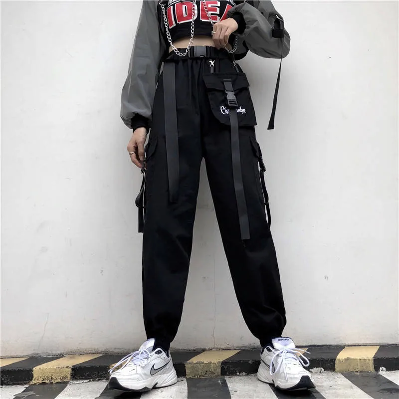 With belt Мода Осень Женская мода женские свободные хип хоп брюки пряжка с лентой Комбинезоны женские брюки уличная Высокая уличная панковские штаны - Цвет: With belt