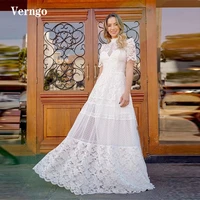 verngo 2021 boho a line lace wedding dresses short sleeves high neck floor length vintage bridal gowns with 3m free veil