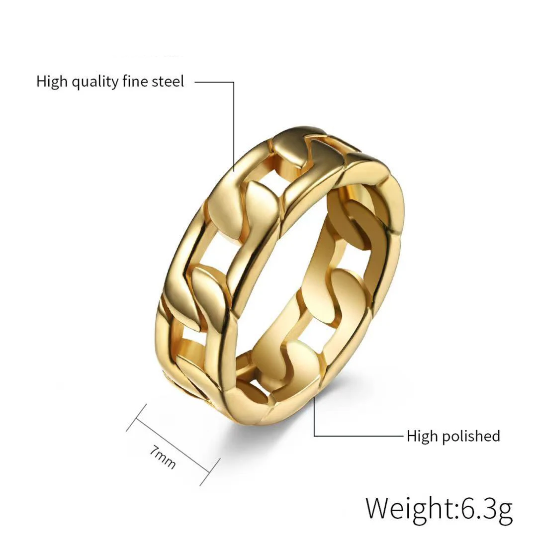 

Yoiumit Gold/Silver/Black Color Stainless Steel 7mm Punk Vintage Rings for Men Cuban Link Chain Male Boy Finger Ring Accessory