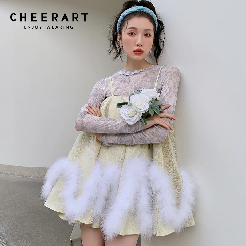 CHEERART Ostrich Feather Backless Spaghetti Strap Dress Autumn Clothes Women Kawaii Cute Mini Slip Dress Korean Fashion Clothing