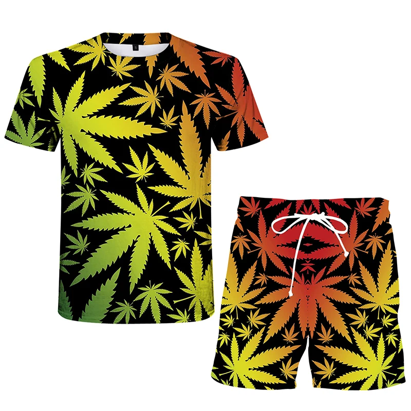 

Men's Casual Short Sleeve And Shorts Set Weed 3d Print T-shirt Outdoor Sports Suit