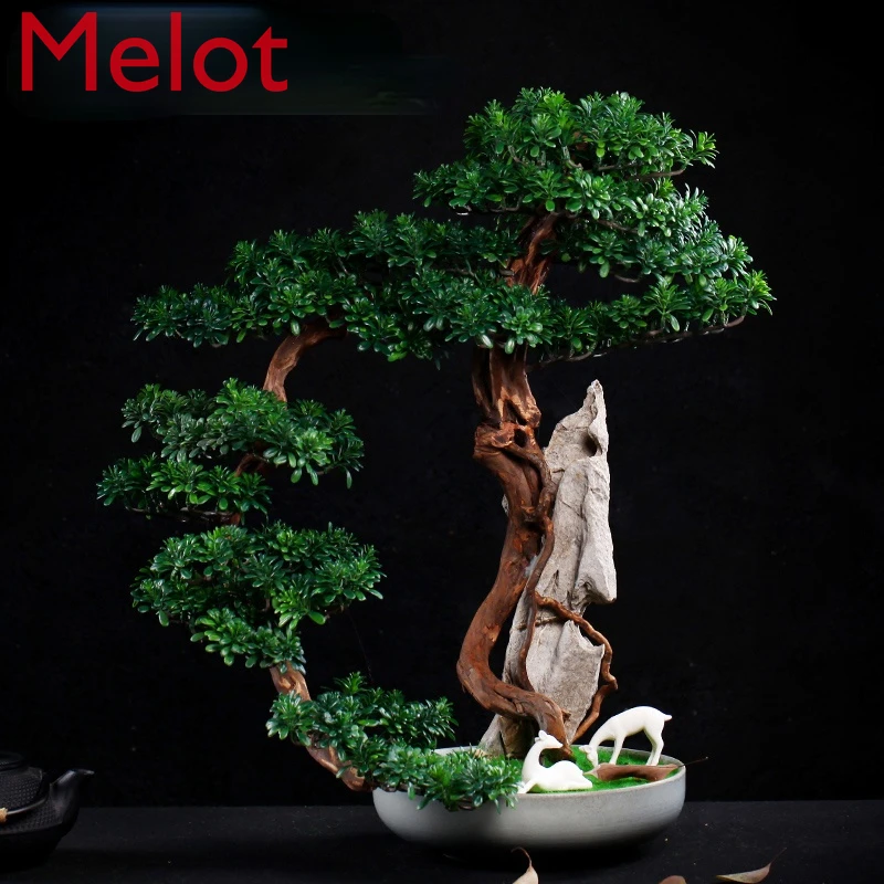 

Root Carving Crafts Artificial Greeting Pine Tree Rock Chinese Office Desk Surface Panel Bonsai Decoration