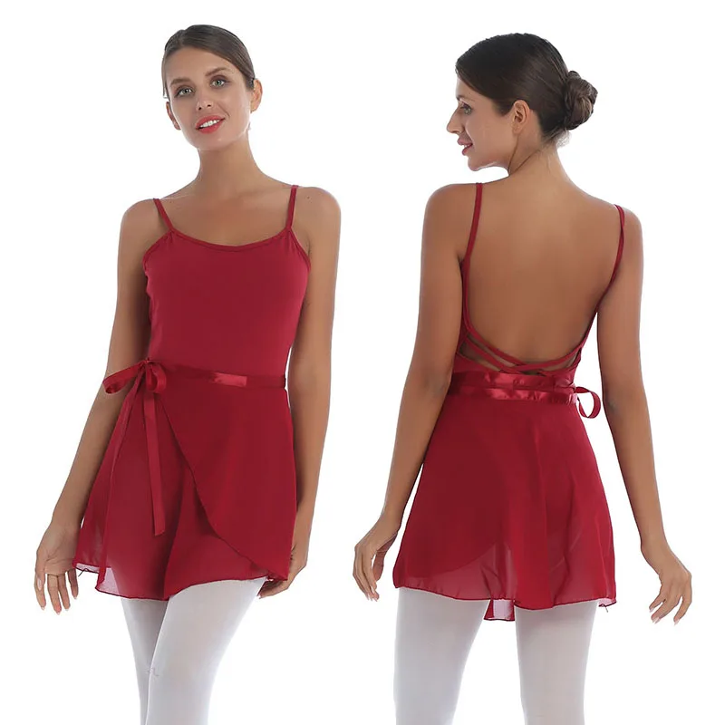 

Women Backless Gymnastics Leotard with Chiffon Wrap Ballet Skirt 2Pcs Sets Adult Dance Wear Stage Performance Ballerina Costume