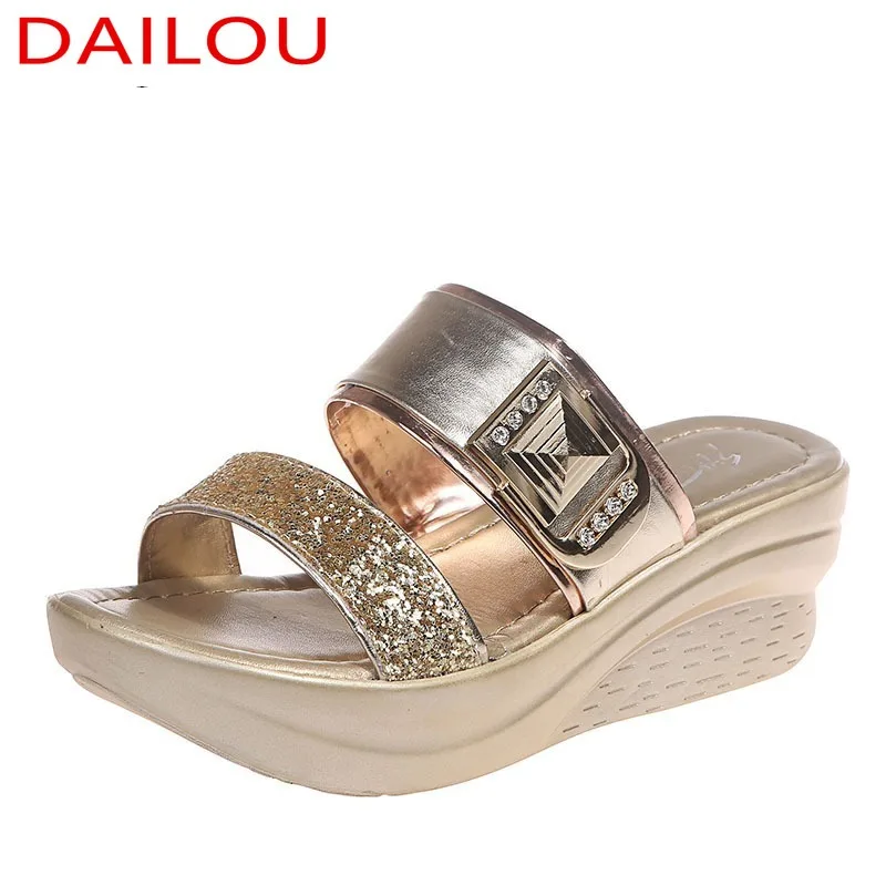 

Women's Shoes Solid Color Sequined Thick-soled Wedges Slippers Fashion Summer Women's Open-toed Comfortable Cool Beach Shoes