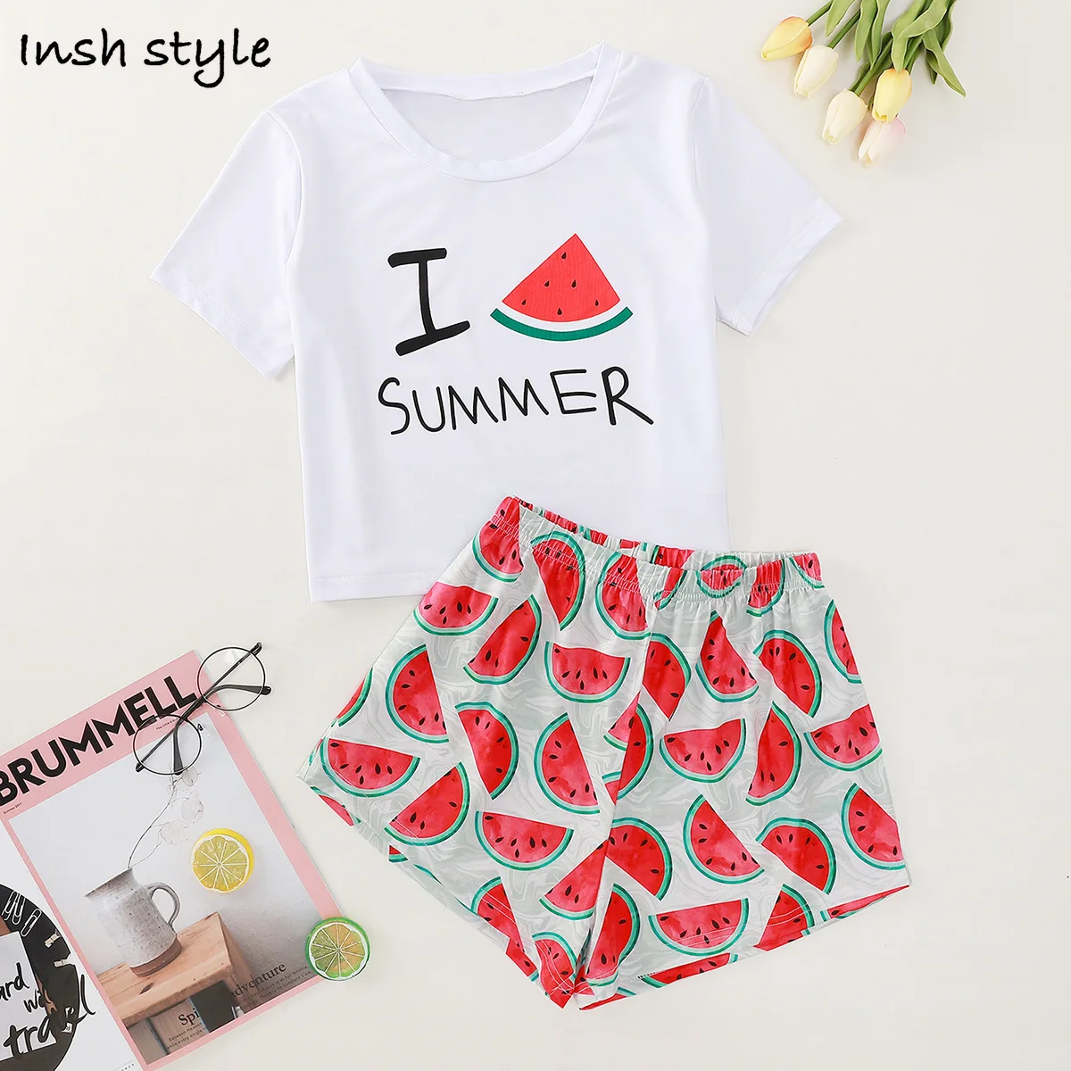 

Round Neck Pijamas Set For Women Watermelon Prints Cute Pijamas Women Sleepwear Pyjama Set Loungewear