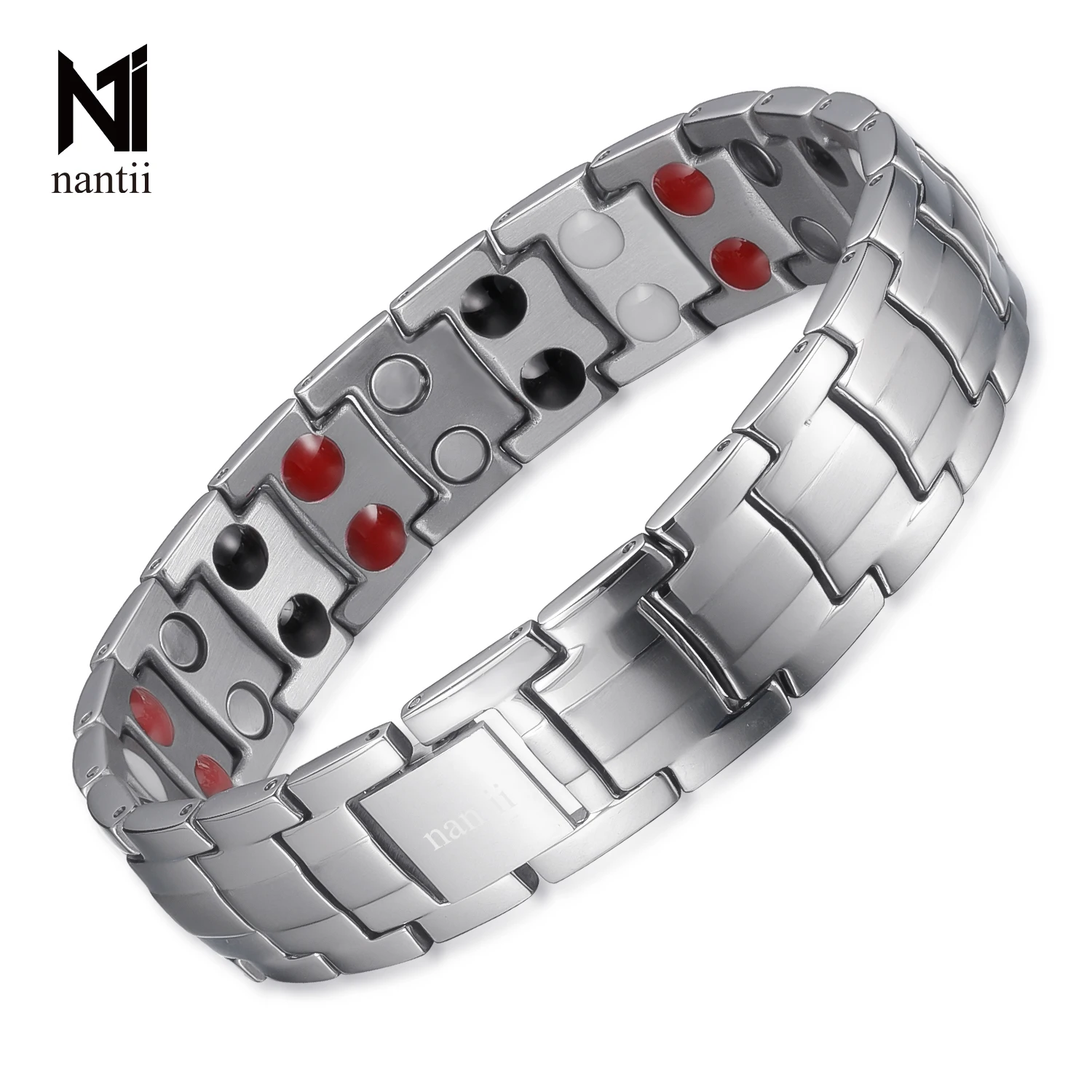 

Nantii Men Silver Color Titanium Therapy Magnetic Bracelet Infra Red Ions Germanium Chain Link Promote Blood Circulation
