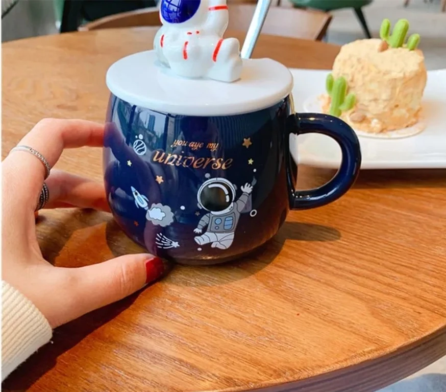 

"Blue Astronaut" Beautiful Cute Ceramic Mugs Cups with Lid Spoon Tea Coffee Children Girls Boys Milk School Drinkware