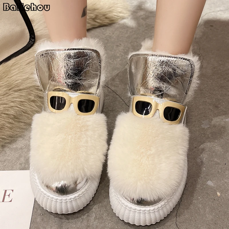 

Женские ботинки для снежной погоды, модные ботинки с круглым носком, женские зимние меховые теплые ботинки на короткой резиновой платформе,...