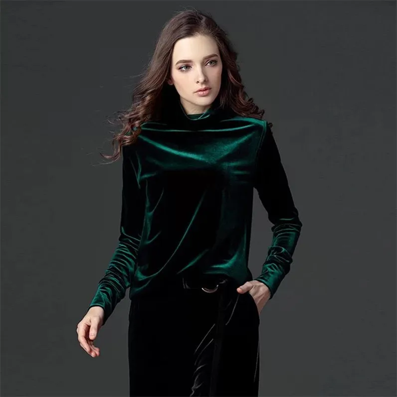 

2022 Korean style women Autunm turtleneck velour shirt office lady black green blue Winter velvet Blusas