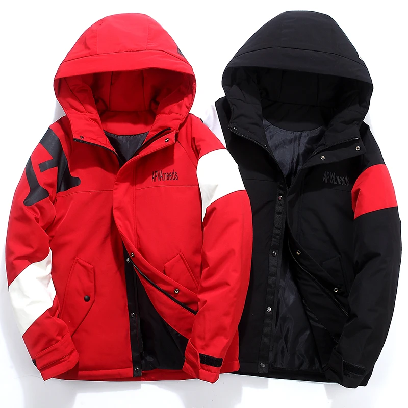 

Red Black White Winter Man's Jacket Patchwork Hooded Fashion Design White Duck Down Jacket Men Keep Warm Windbreakers Parka Coat