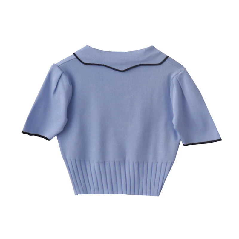 

Knitted Crop Blouses Women 2021 Summer New French Design Contrast Color Single Breasted Tops Lady Chic Temperament Casual Shirts