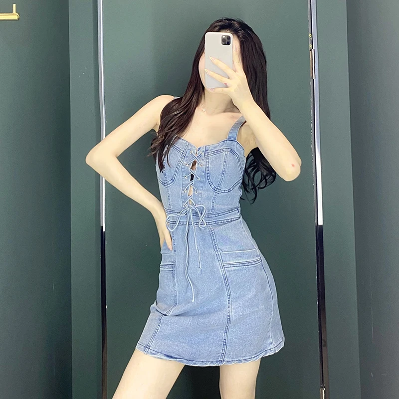 Корейское джинсовое платье для женщин летнее 2020 повседневное сексуальное на