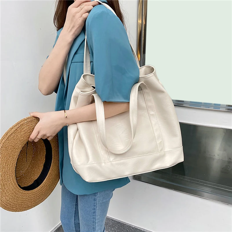 

Large Soft Tote Bags For Women Ladies Shopper Handbags PU Leather Female Shoulder Bags Summer 2021 Green White Brown