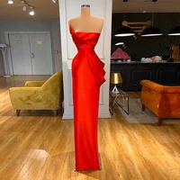 red strapless evening dress formal gowns custom made sleeveless sheath floor length long prom dresses with pleat