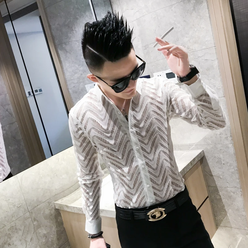 Transparent Shirt Summer Short Sleeve Shirt Camisa Hombre Stitching Stripe Shirt See Through Shirt Men Chemise Homme Marque Luxe