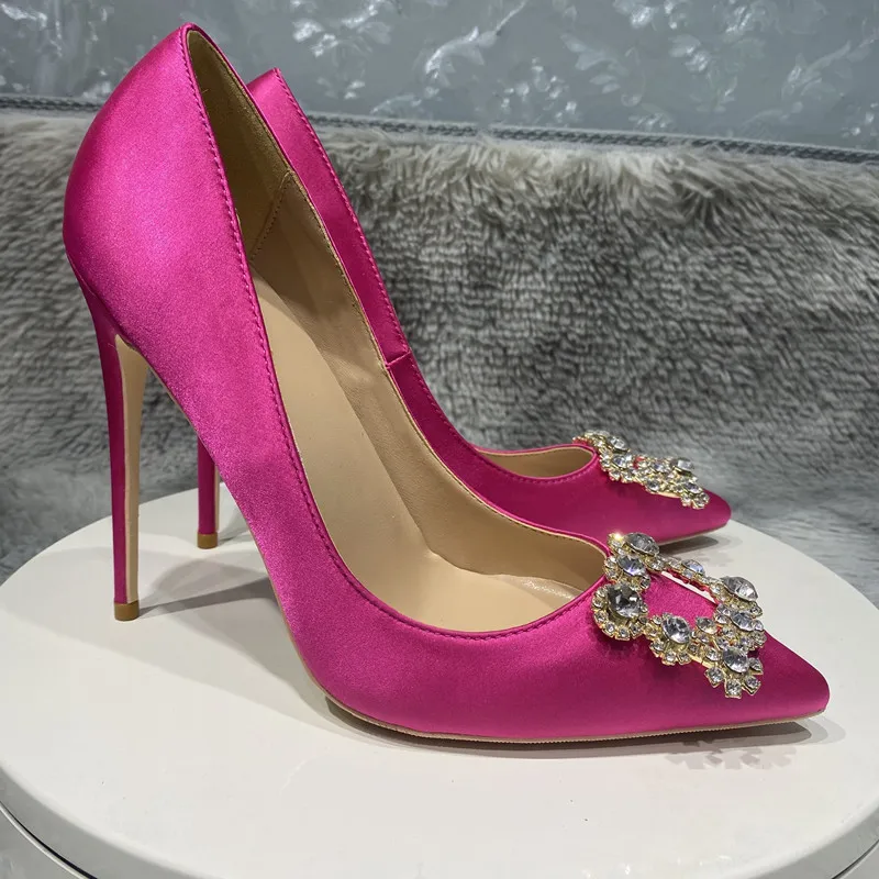 

Women's high-heeled narrow top shoes, Rose Silk high heels wedding shoes, fashion, pink, large decorative artificial diamond buc