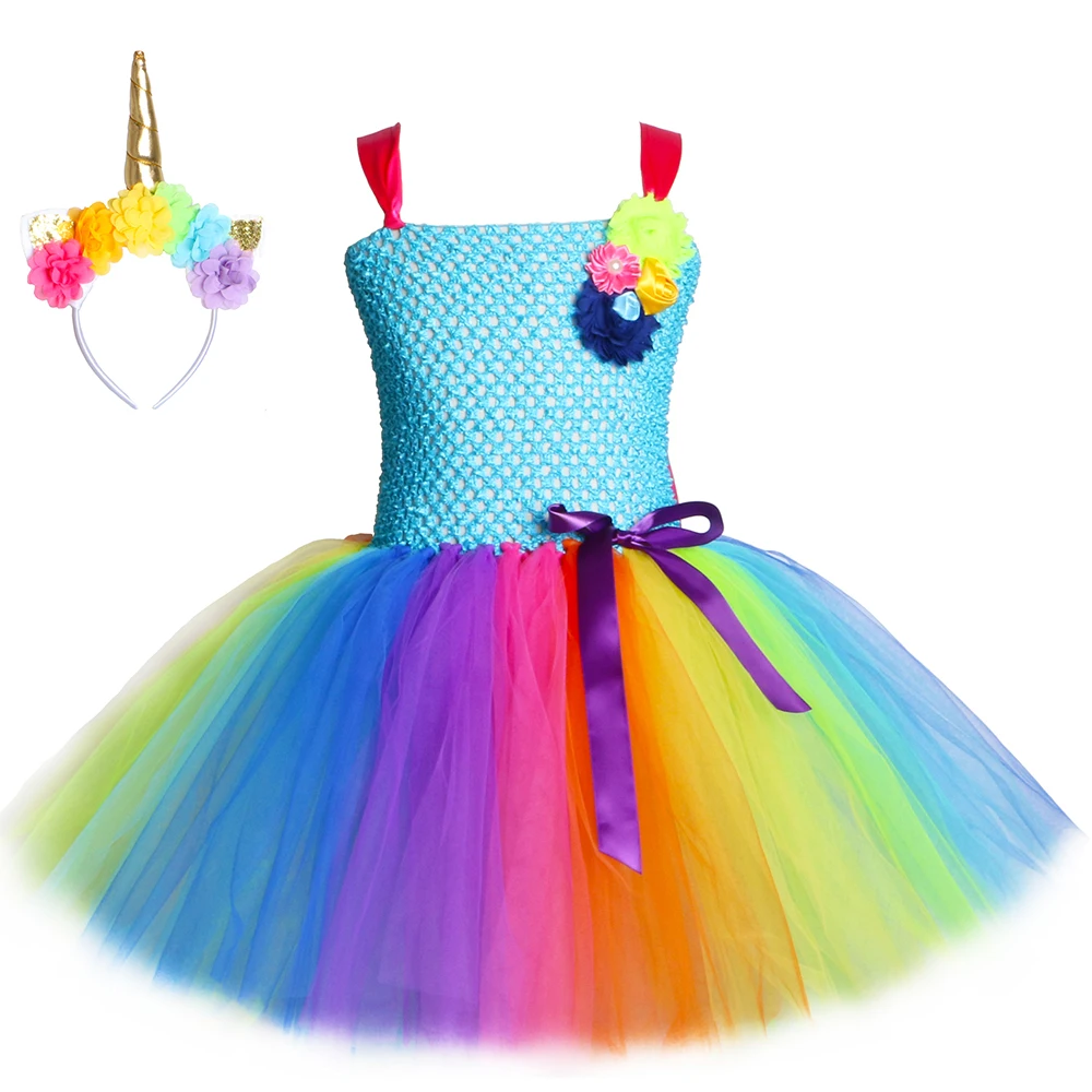 Rainbow Unicorn Girls Tutu Dress Tulle Flower Baby Girl Birthday Party Children Kids Halloween Pony Costume 2-12Y | Детская одежда и