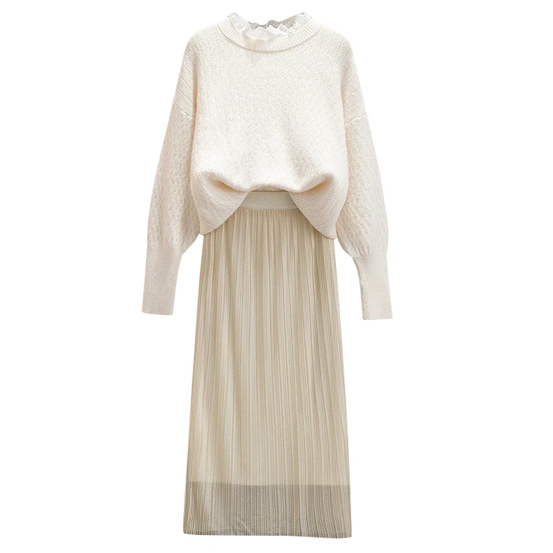 

New Autumn Winter Women Knitting Pullover Sweater Suits Female Wear Long Skirt Two-Piece Outfit Knitwear Casual Lady Clothes