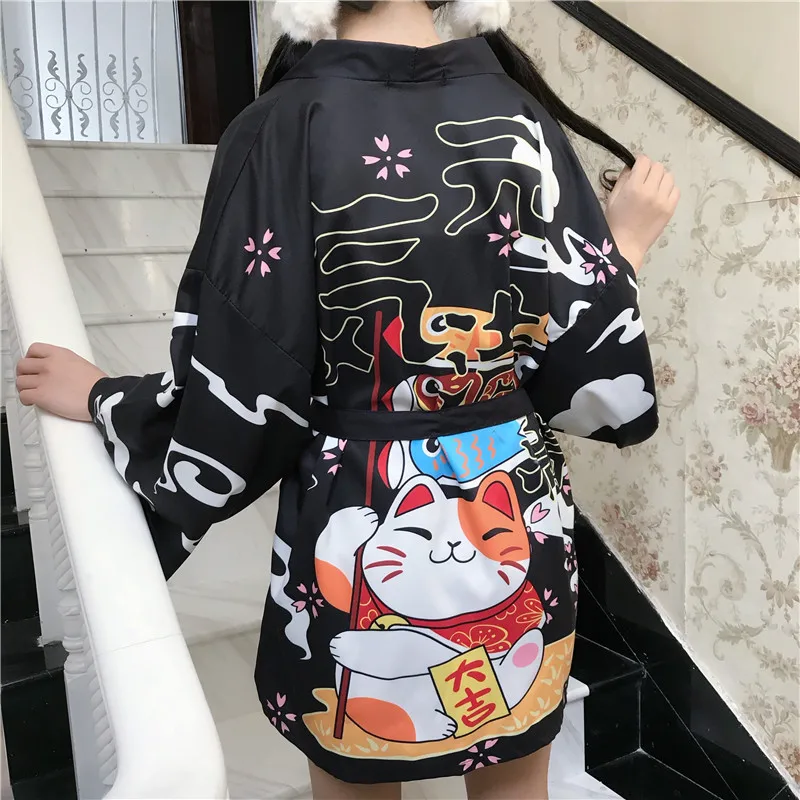 

Ins Women's Beach Jacket Cat Print 2020 Summer Loose Harajuku Japanese Fashion Kimono Style Yukata Top