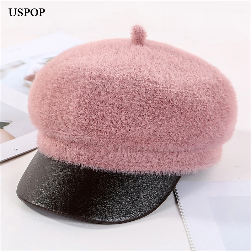 Женская шапка с козырьком USPOP Толстая теплая из норкового бархата восьмиугольным