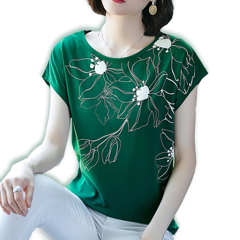 Блузка женская хлопковая с рукавом летучая мышь рубашка принтом модная одежда в