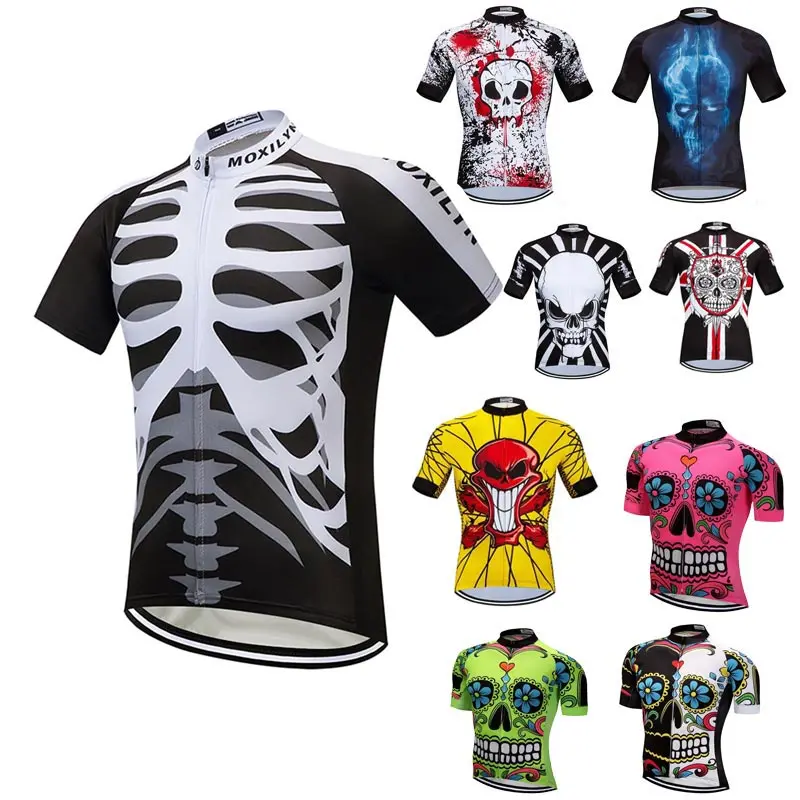 Moxilyn White Skull Cycling Jersey Top Short Sleeve Racing Cycling Clothing Summer Quicky Dry Breathble Ropa Ciclismo MTB Bike