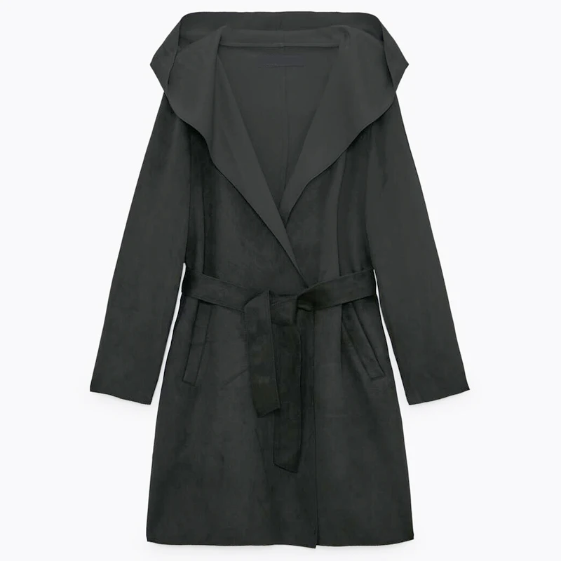 

Новинка осенний женский черный тренчкот ZAHONEW с капюшоном Модный с поясом Повседневная однотонная верхняя одежда женские замшевые пальто