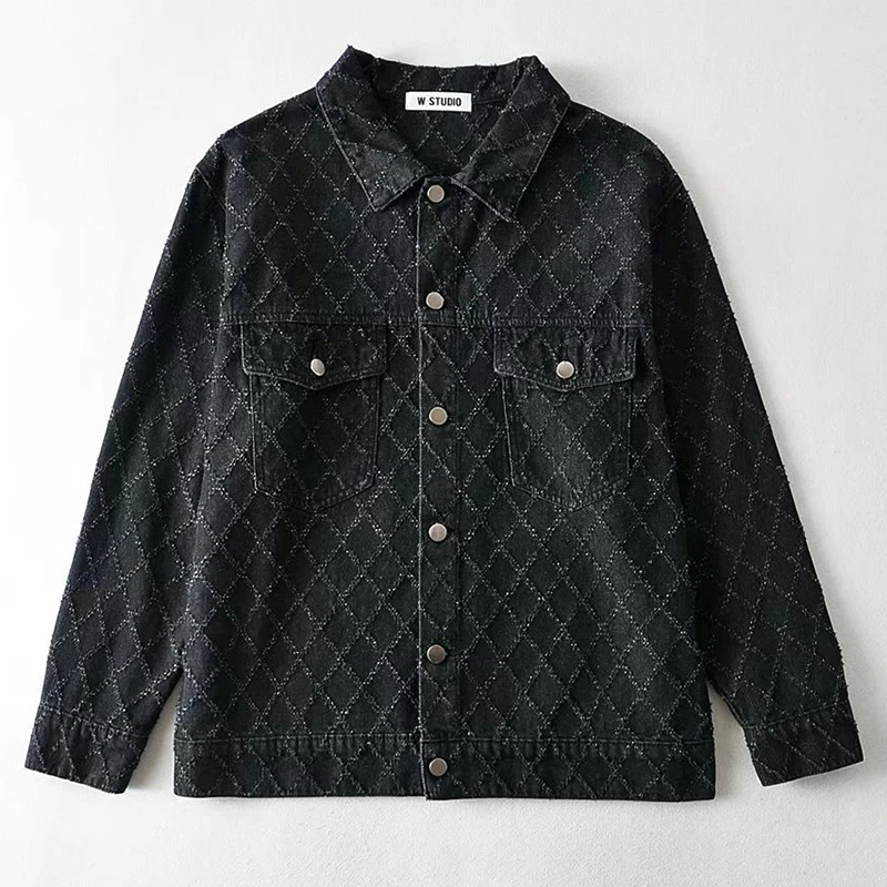 

SHENGPALAE Fashion Streetwear Argyle Jacket Women's Autumn 2021 New Lapel Loose Single Breasted Long Sleeve Dnim Coat Female