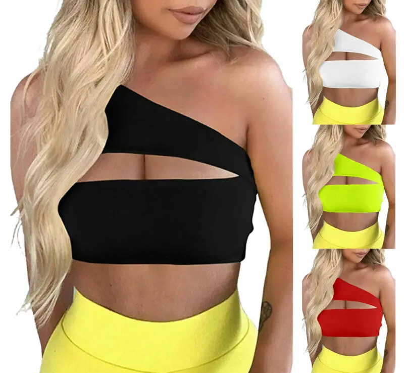 Сексуальный женский однотонный спортивный топ на одно плечо без рукавов