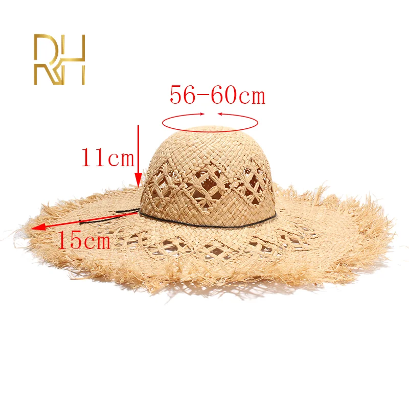 RH Новые Летние Пляжные шапки ручной работы круглый верх натуральная солома рафия