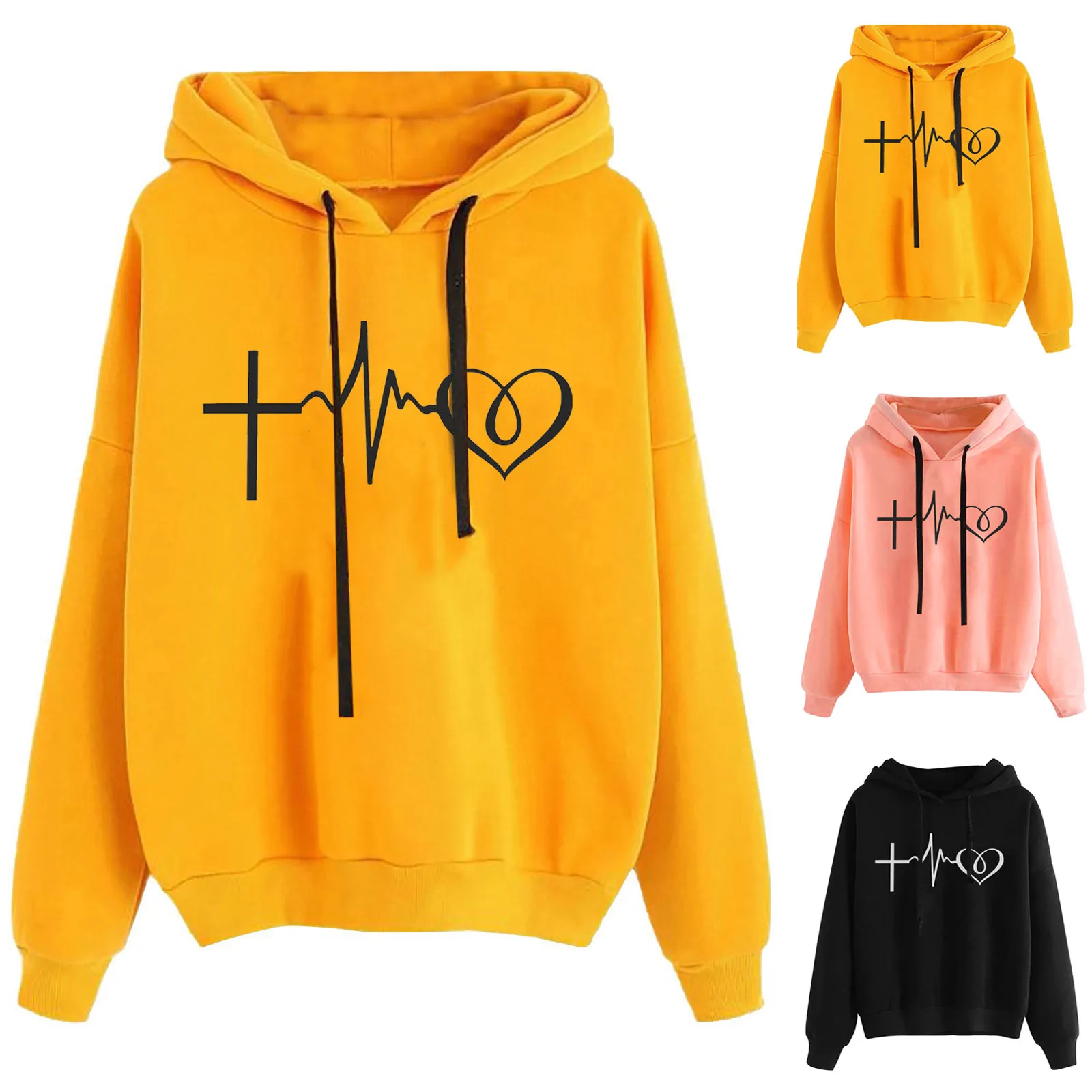 

2021 Autumn Winter Women's Sweatshirt Long Sleeve Heartbeat Pattern Printed Velvet Sweater Loose Student Hoodies Dropshipping