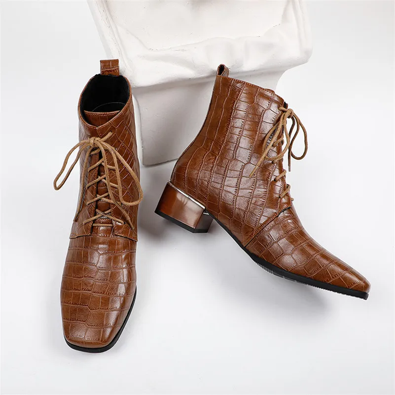 

Meotina Med Heel Women Boots Square Toe Ankle Boots Lace Up Chunky Heel Shoes Female Short Boots Autumn Winter Brown Big Size 46