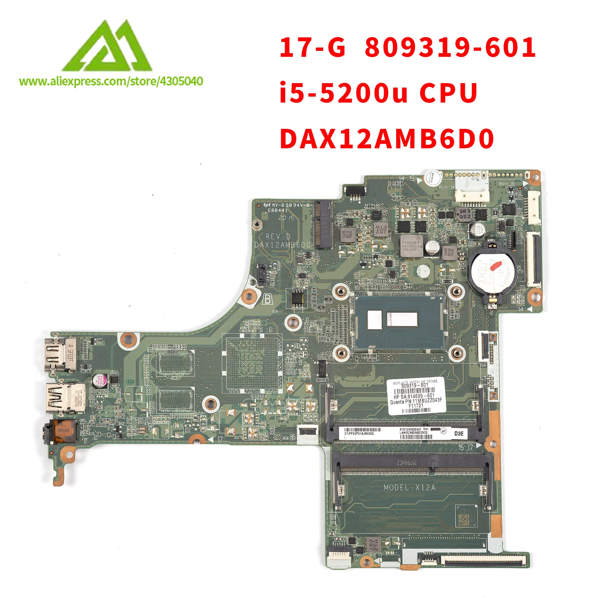 

Материнская плата для ноутбука HP 17-G ноутбук 809319-601 i5-5200u процессор DAX12AMB6D0 DDR3 полностью протестирована