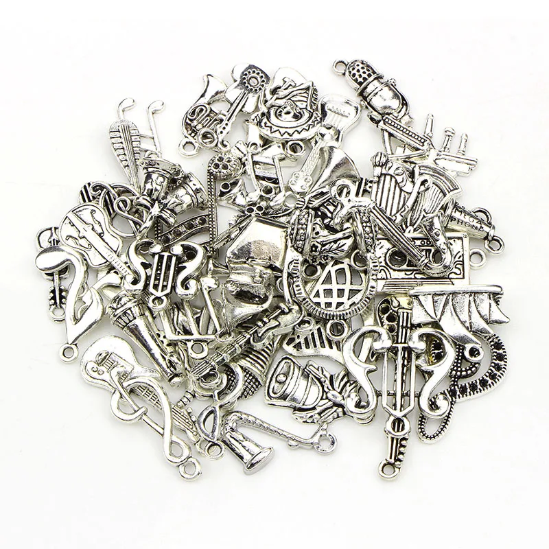 

Mix Musical Charms 50pcs/lot Vintage Silver Instruments Pendant Guitar Microphone Violin DIY Jewelry Making