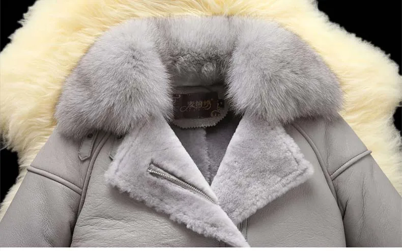 Luxury woman genuine natural sheepskin shearing leather coat with large fox fur collar ladies short wool jacket black customized