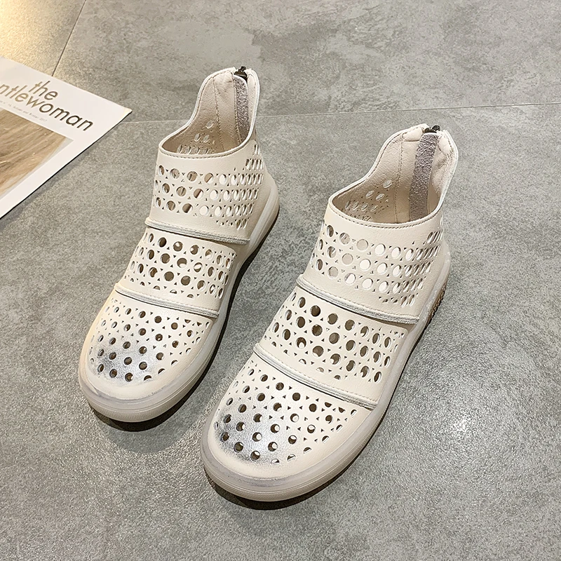 

2021 Soft Leather Shoes Women Sandals Summer Boots 2021 New Retro Brown Flat With Hollow Zip Ladies early autumn Boot