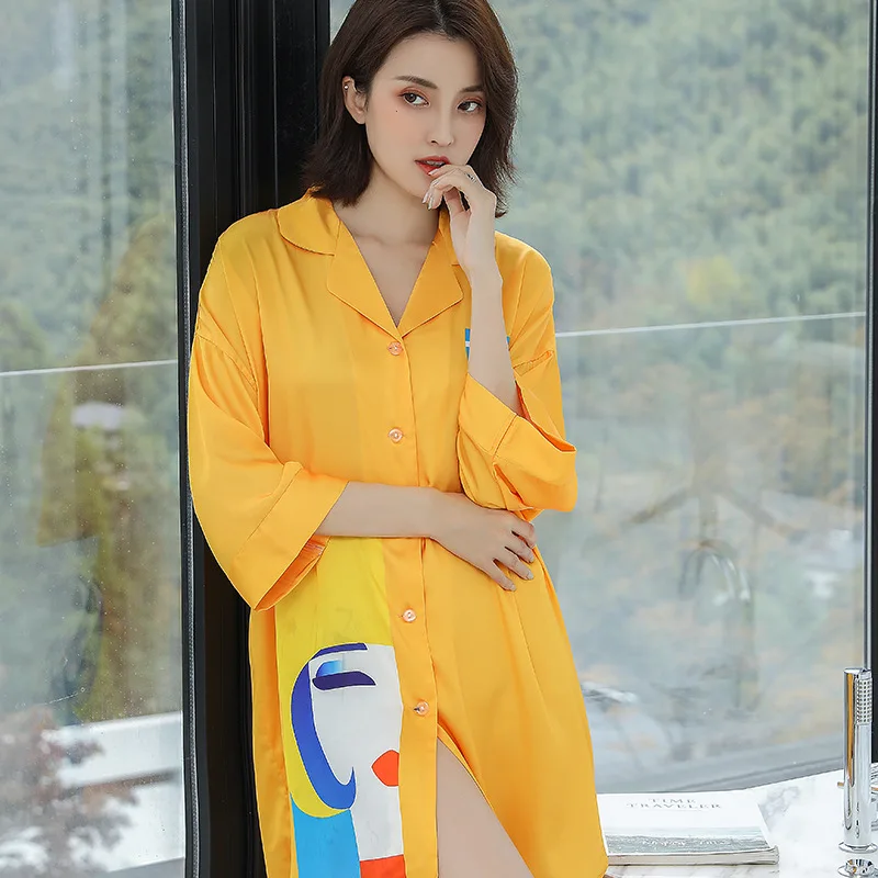 

FZSLCYIYI Spring Casual Nights Women's Satin Half Sleeve Nightgown Sleepshirt Sleepwear Female Cartoon Printed Nightdress