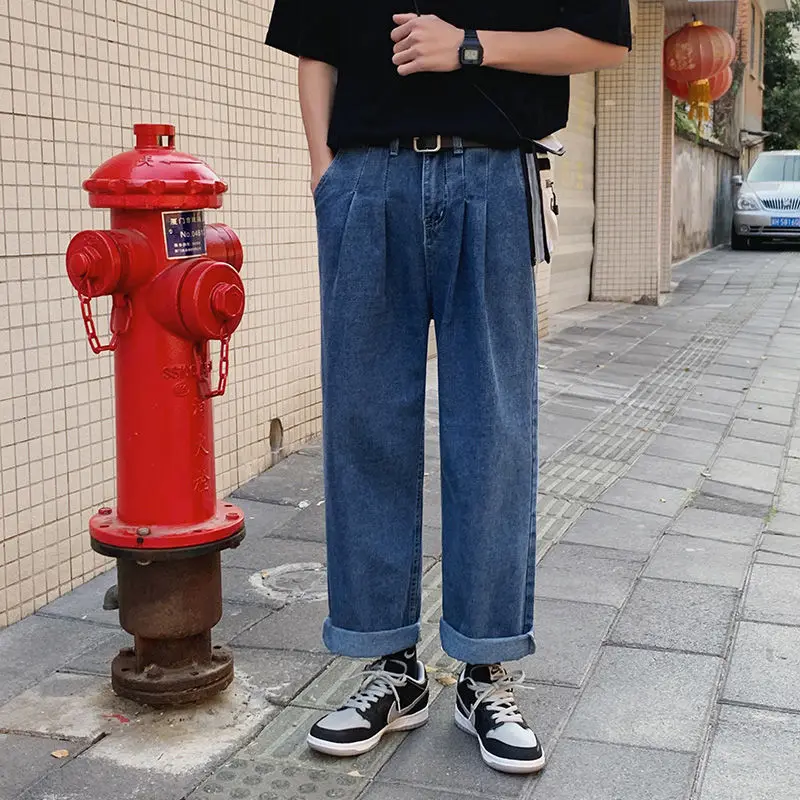 

Korean Wide-leg Jeans Men's Fashion Casual Retro Blue Jeans Men Streetwear Loose Hip-hop Straight Denim Trousers Mens S-XL